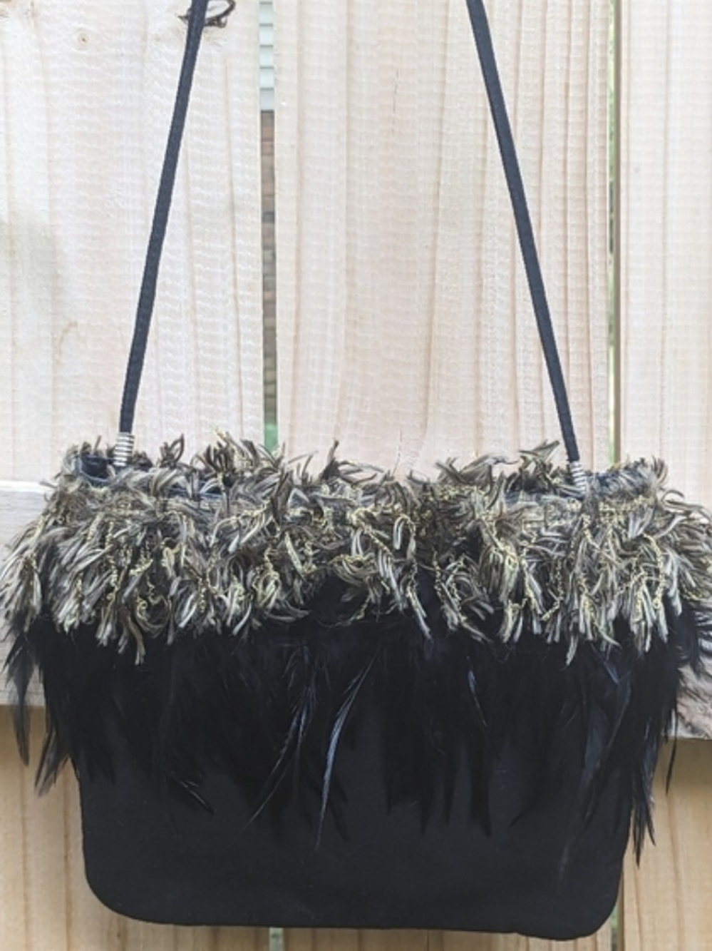 Vintage Black Crossbody Bag with Multi-Tone Feather Trim